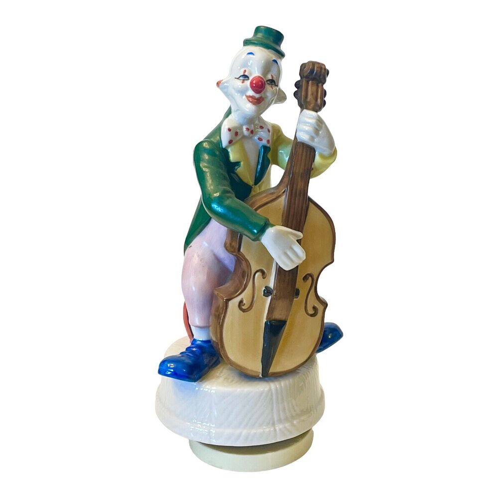 Maruho Japan Clown Music Box Circus Cello Porcelain "Send In The Clowns" 9" Vtg